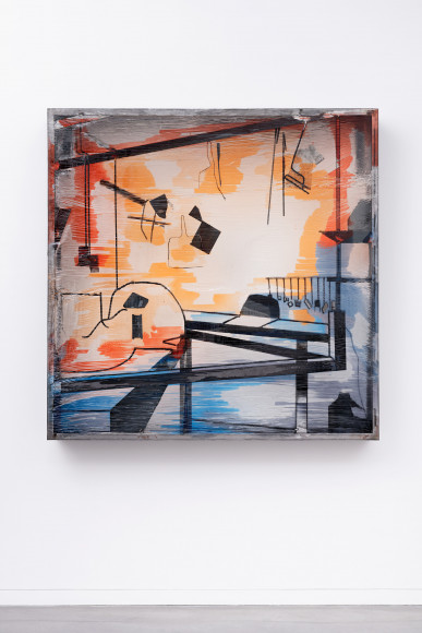 Neil Beloufa, "Studio View, Montreuil", 2016. Acier et résine époxy, 150 × 150 × 19,5 cm. Collection du Mrac Occitanie, Sérignan. Crédit photo : Aurélien Mole © Adagp, Paris