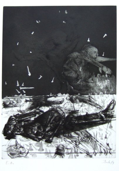 Dado, "Barbey d'Aurevilly, Le Bonheur dans le crime", 1989. Aquatinte et pointe sèche, 38 x56 cm Courtesy Alain Controu