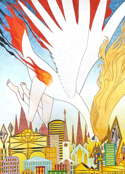 Caroline Tschumi, "L'ange poulet", 2021. Gouache et crayons de couleur sur papier, 70 x 50 cm. Collection du Mrac Occitanie, Sérignan. Courtesy de l'artiste.