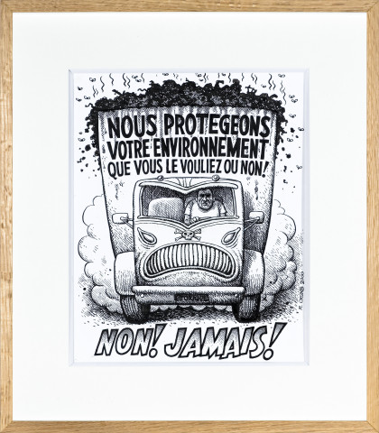 Robert Crumb "Nous protégeons votre environnement que vous le vouliez ou non ! / Non ! Jamais !", 2000, Encre et typex sur papier, 52,3 x 45 cm, 36 x 28,5 cm hors cadre, Musée régional d'art contemporain Occitanie, Sérignan, photo Jean-Paul Planchon © Robert Crumb