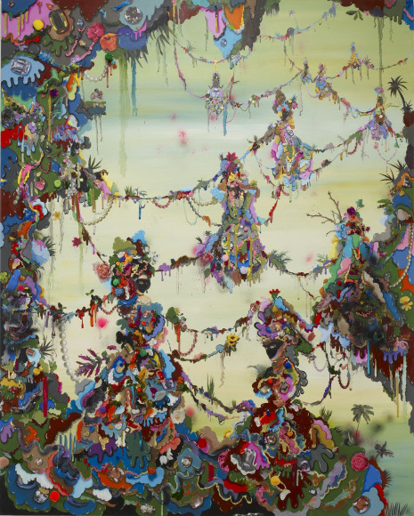 Alicia Paz, "Trapeze", de la série "Hanging Garden", 2010. Huile et acrylique sur toile, papier, tissus, paillettes, 199 x 160 x 5 cm. Collection Frac Occitanie Montpellier. Photo Jean-Stephen White. © Adagp, Paris, 2026