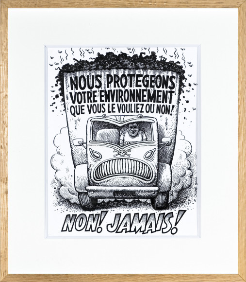 Robert Crumb "Nous protégeons votre environnement que vous le vouliez ou non ! / Non ! Jamais !", 2000, Encre et typex sur papier, 52,3 x 45 cm, 36 x 28,5 cm hors cadre, Musée régional d'art contemporain Occitanie, Sérignan, photo Jean-Paul Planchon © Robert Crumb