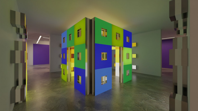 "Stop The Machine !" De l'IA, de A à Z, de 1968 à aujourd'hui, de 4000 à 400 œuvres…", exposition anniversaire des 20 ans du Mrac Occitanie, Sérignan, 2026. Simulation 3D, La Société Molle © Jean-Baptiste Lepeltier