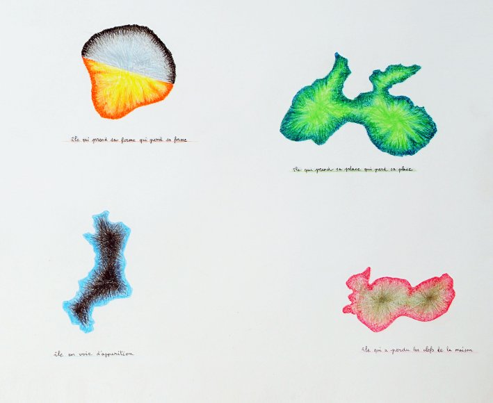 Pierre Tilman, "Les Îles flottantes, (détail)" 2022. Crayons de couleurs sur papier, dimensions, 70 x 91 cm © de l'artiste.