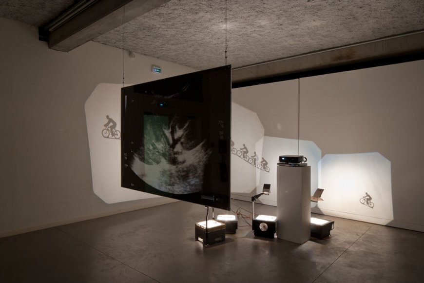 Nicolas Daubanes, "Put me back on my bike", 2010 (Installation vidéo (1'28'') et projection au mur via épiscopes (apparitions sporadiques). Photographie Jean-Paul Planchon.